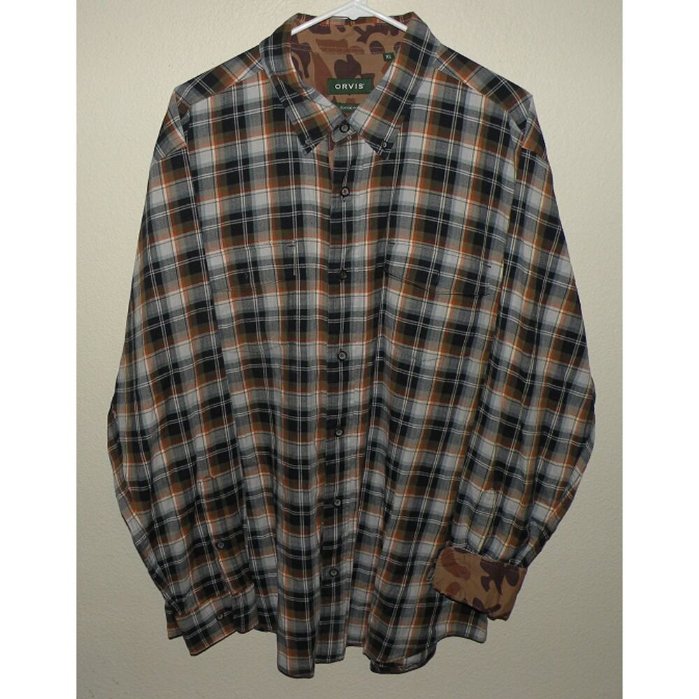 Orvis Classic Fit Mens XL LS Button Shirt Black/Gray Plaid Contrasting Camo Cuff